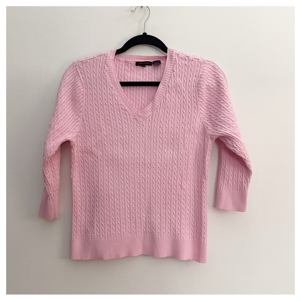 Jeanne‎ Pierre V Neck Cable 3/4 sleeve sweater baby pink cotton sz xl